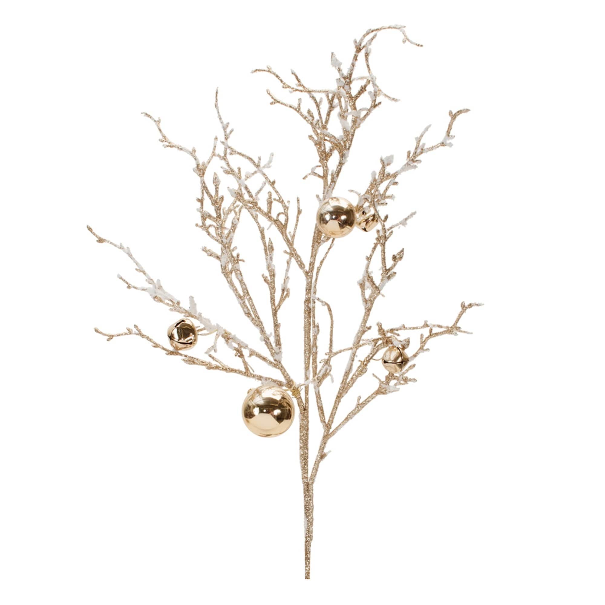 Flocked Sleigh Bells Christmas Twig Branch Spray - 25