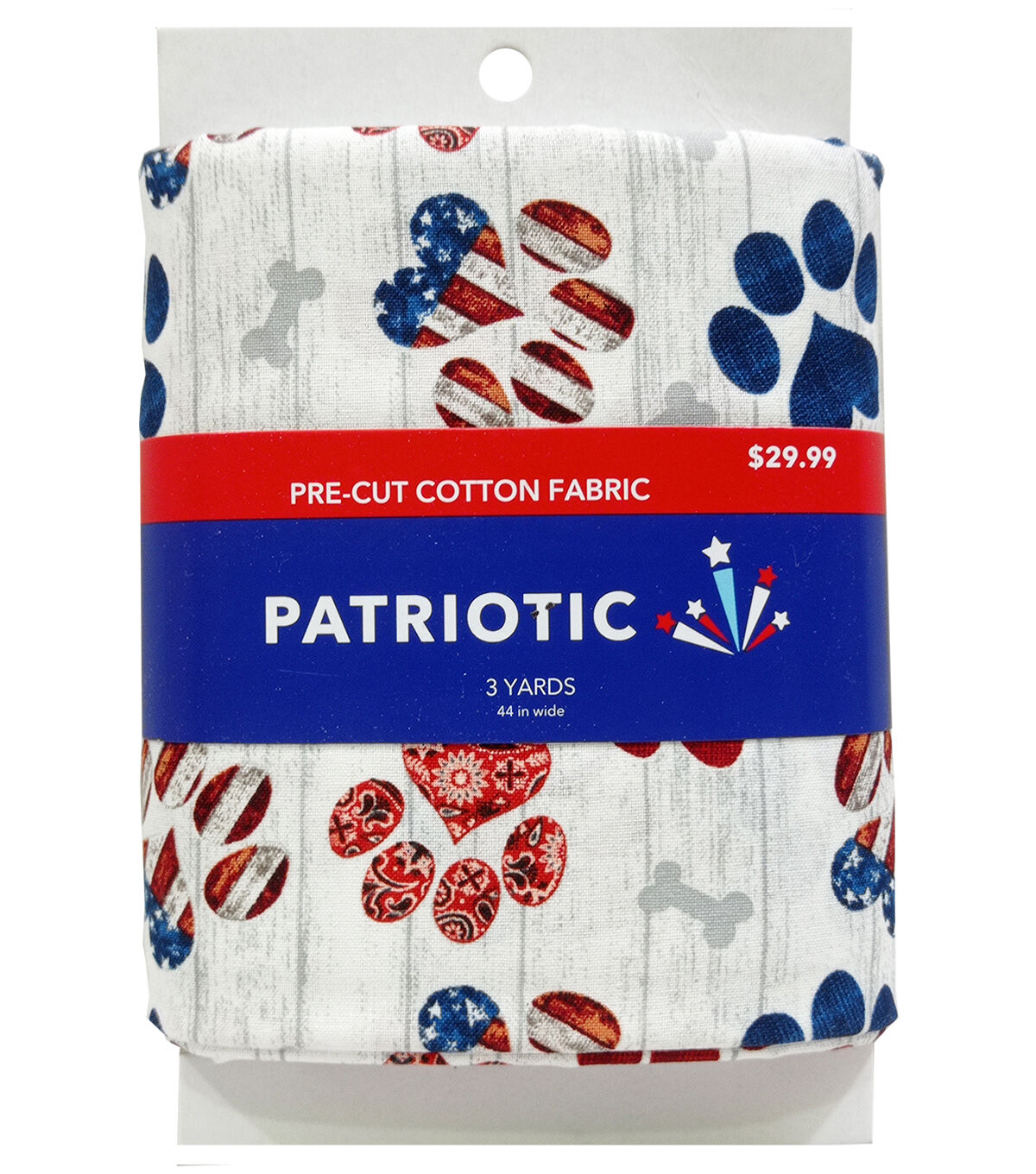 3yd Patriotic White Americana Paw Prints Precut Cotton Fabric