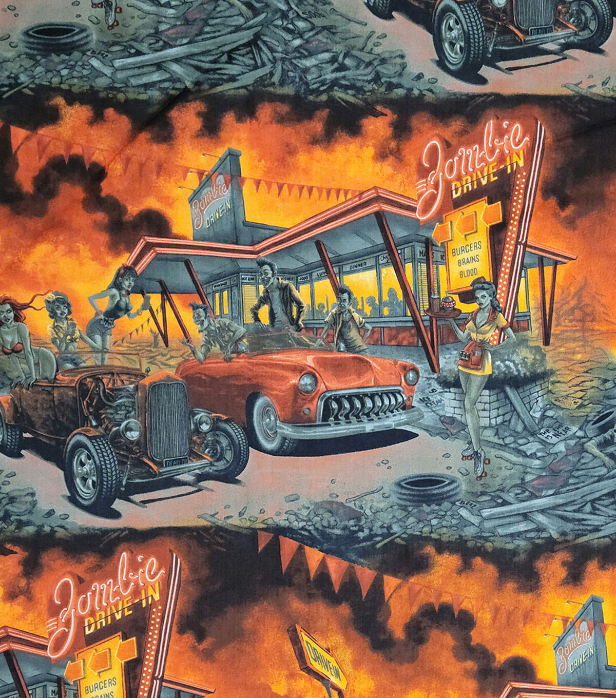 Alexander Henry Orange Zombie Drive In Novelty Cotton Fabric