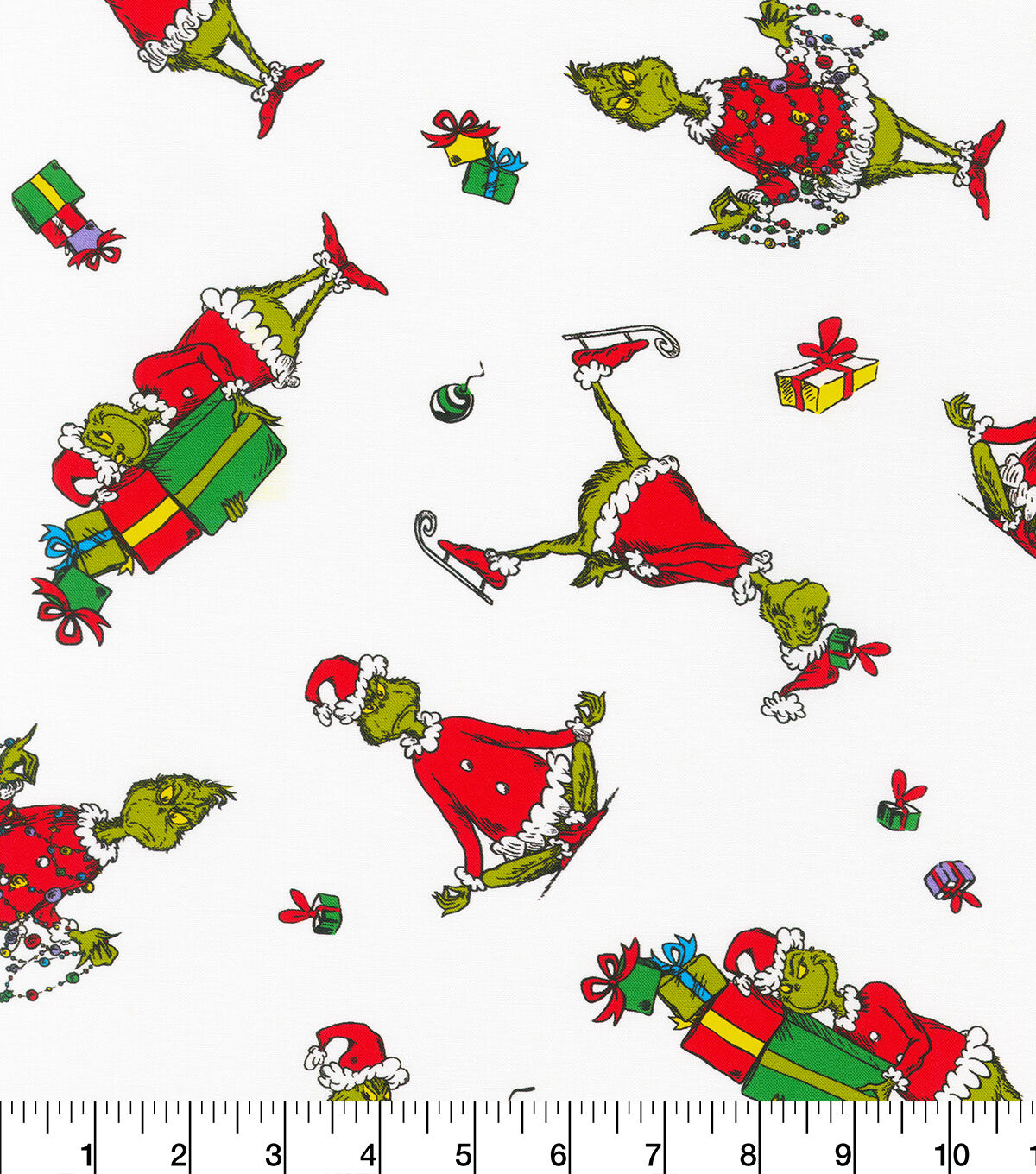 Robert Kaufman Grinches & Gifts on White Christmas Cotton Fabric