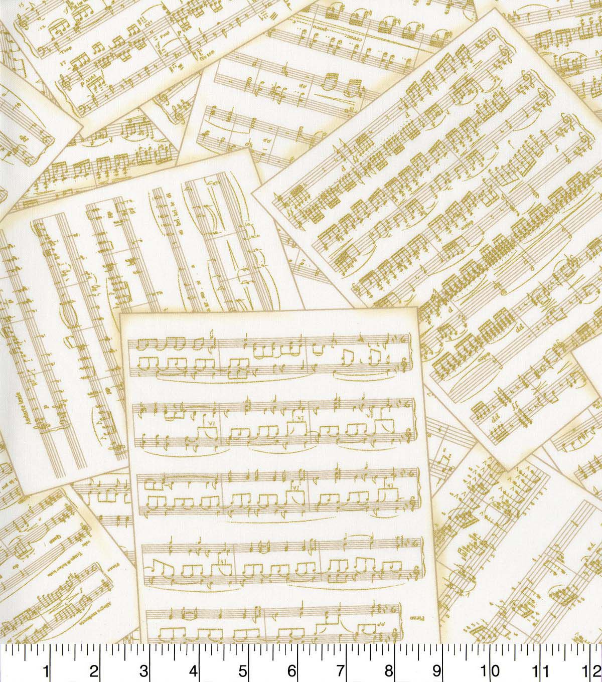 Hi Fashion Cream Sheet Music Novelty Metallic Cotton Fabric