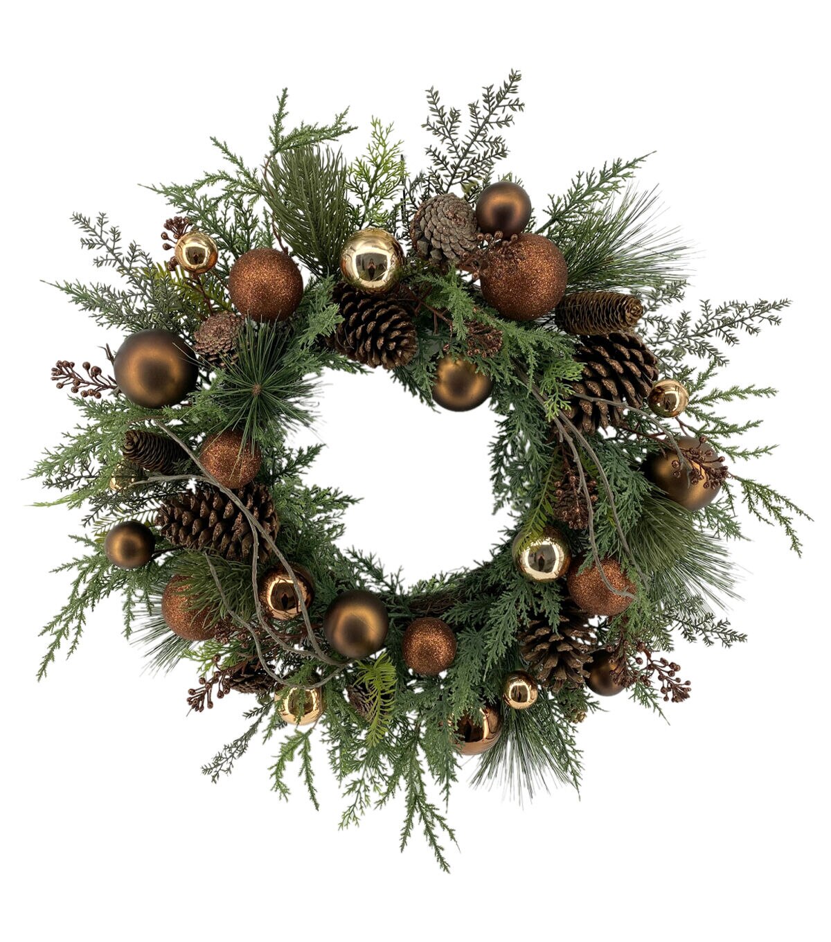 Matching Holiday Bronze & Gold Bauble & Pine Wreath, Garland, Swag, & Teardrop