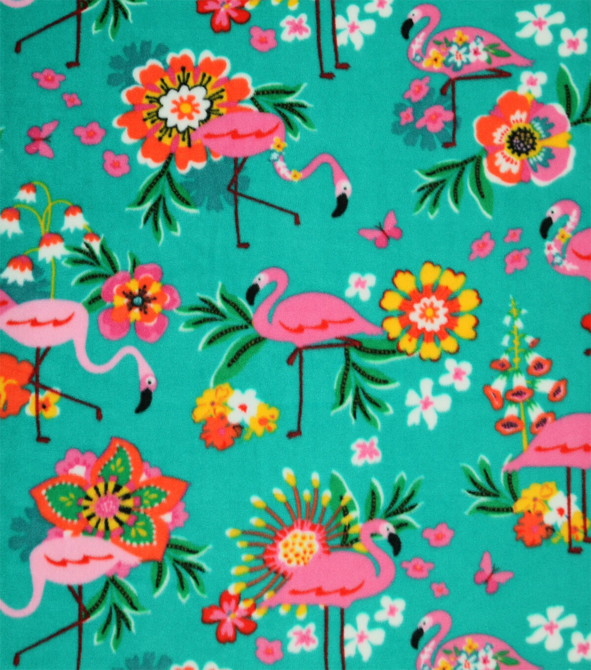 Tropical Floral Flamingo on Blue Anti Pill Plush Fleece Fabric
