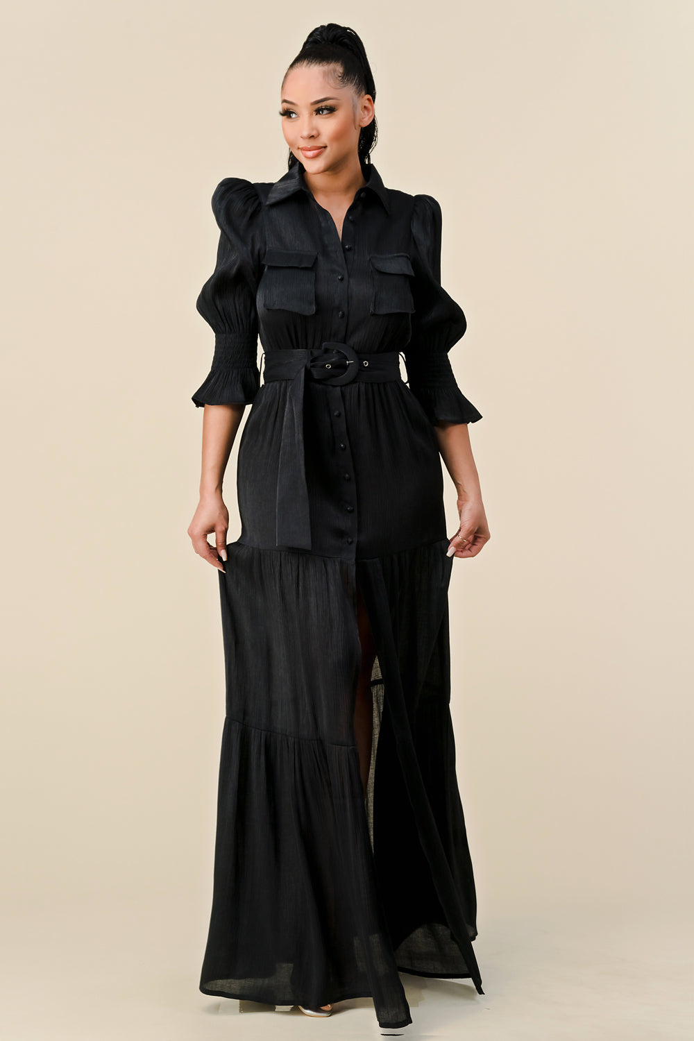 Long sleeve crewneck slit mesh maxi dress