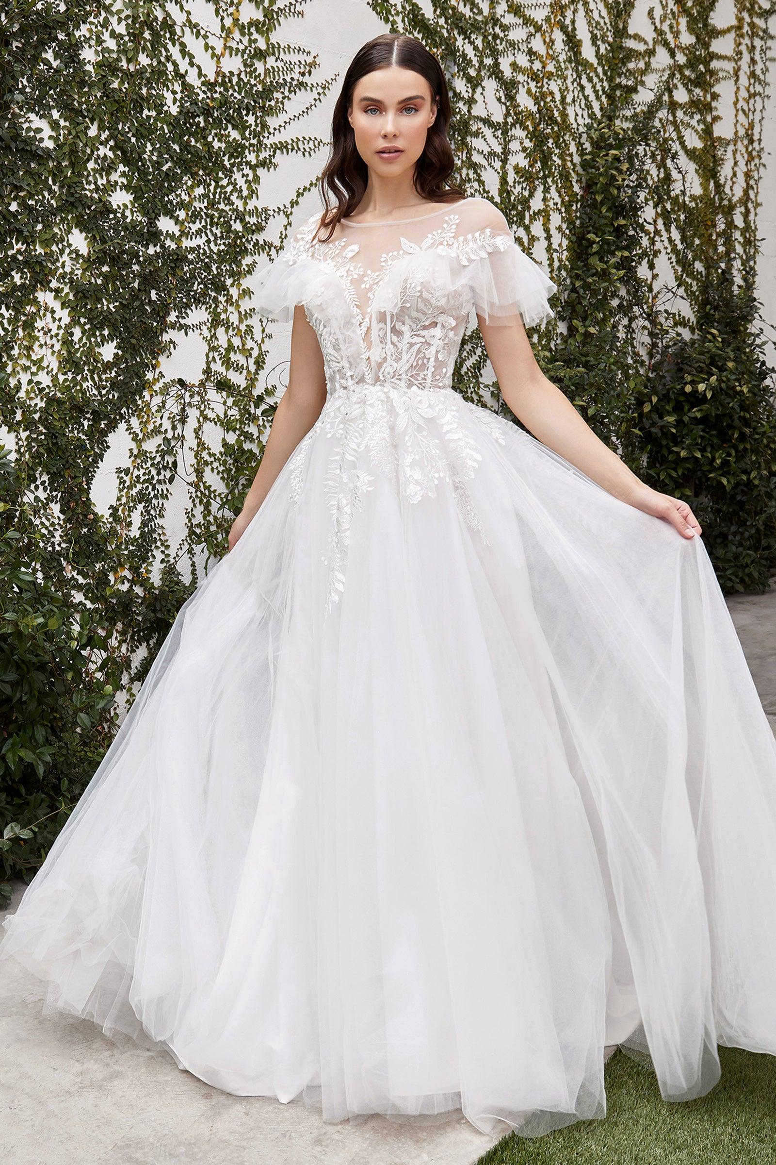 Cinderella Divine A1070W Short Sleeve Long Wedding Dress