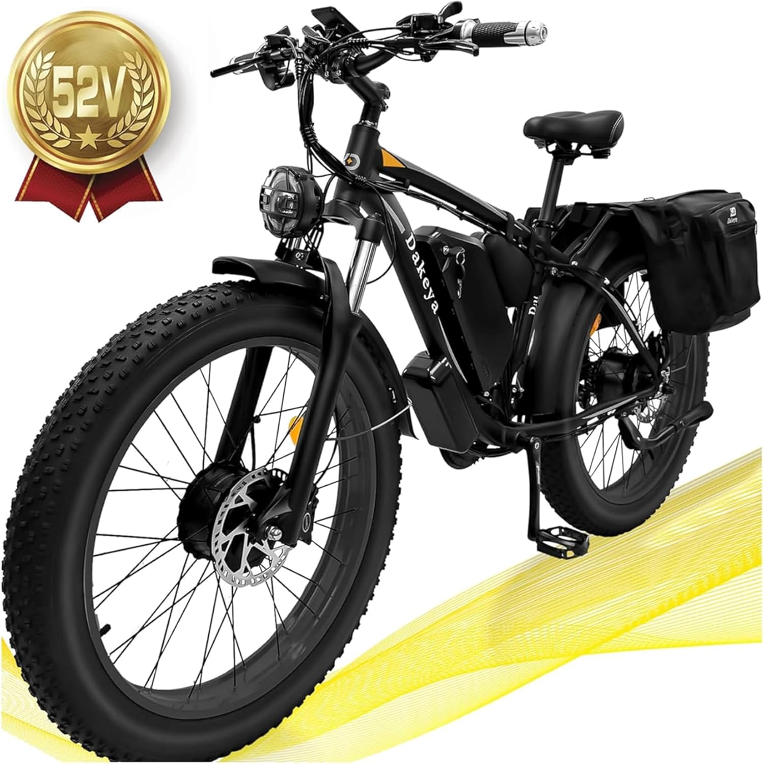 DakeyaDualMotorEbike,52V23AHBatteryElectricBikeforAdultsAWD2000WPeak3600W,21-Speed37MPHMountainSnowEbikewithRemovable,26x4.0FatTireE-BikewithCyclingPannierBag