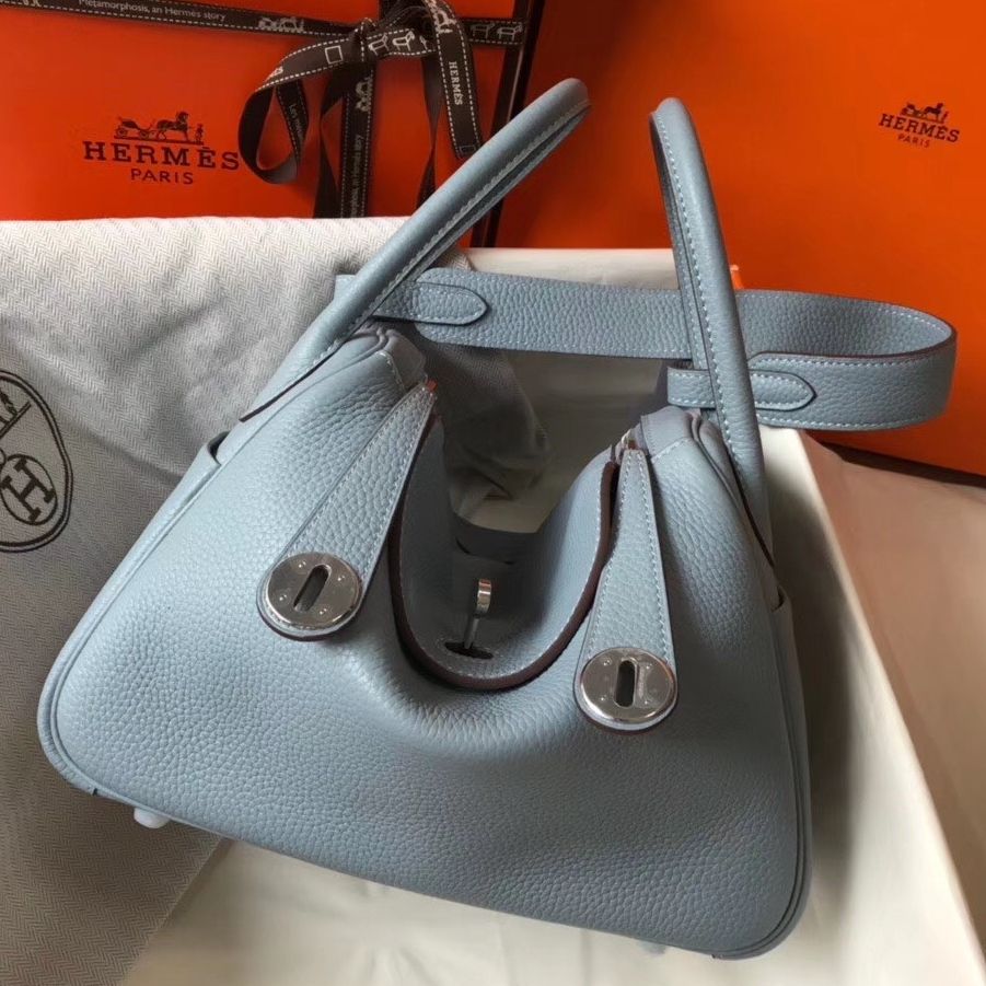 Hermes Lindy 30cm Bag In Blue Lin Clemence Leather PHW Bags Replica