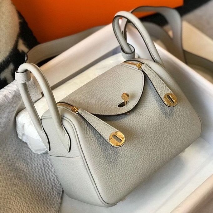 Hermes Lindy Mini Bag In Pearl Grey Clemence Leather GHW Bags Replica