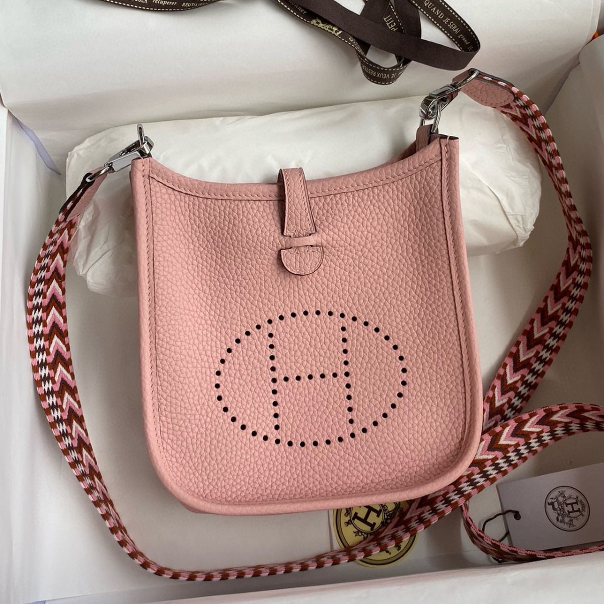 Hermes Evelyne Mini Handmade Bag in Pink Clemence Leather Bags Replica