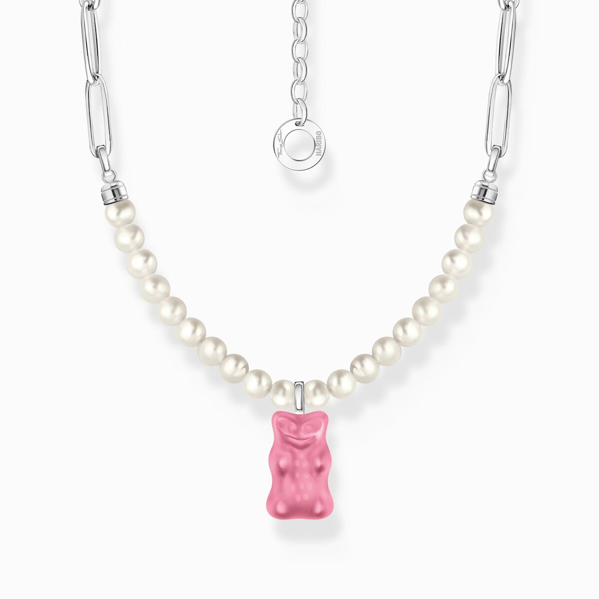 Silver link necklace with pink Goldbears & freshwater pearls