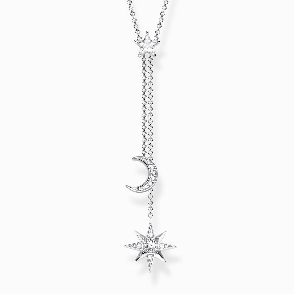 Jewellery set moon and stars with white stones silver
