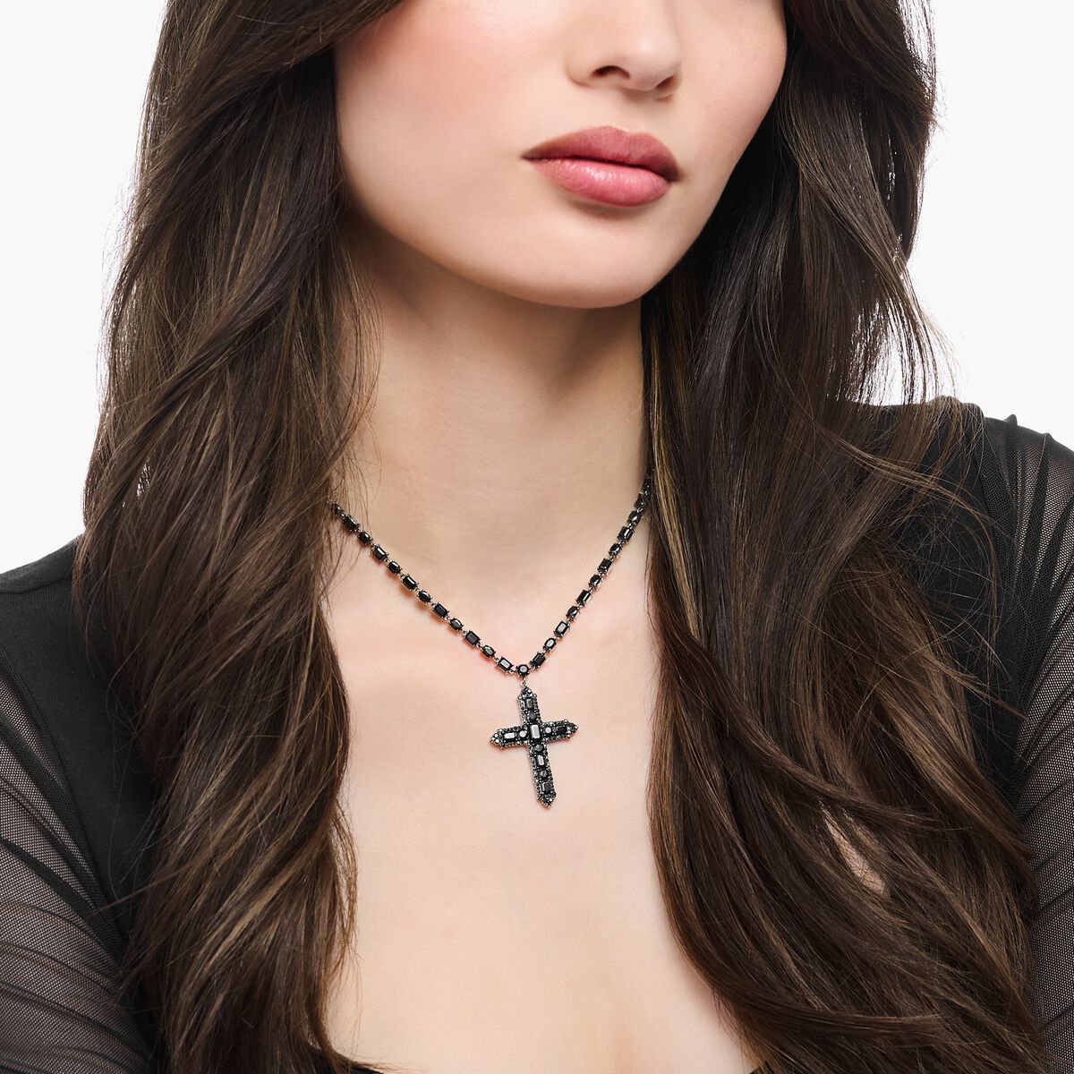 Silver necklace with cross pendant and black zirconia