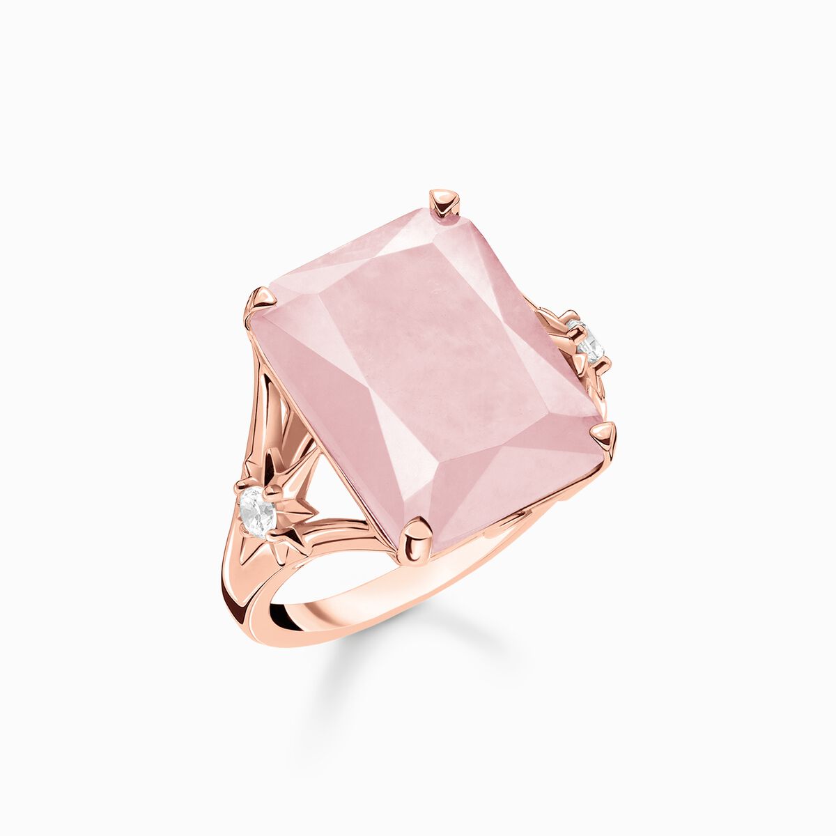 Ring with large pink stone and stars rose gold plated