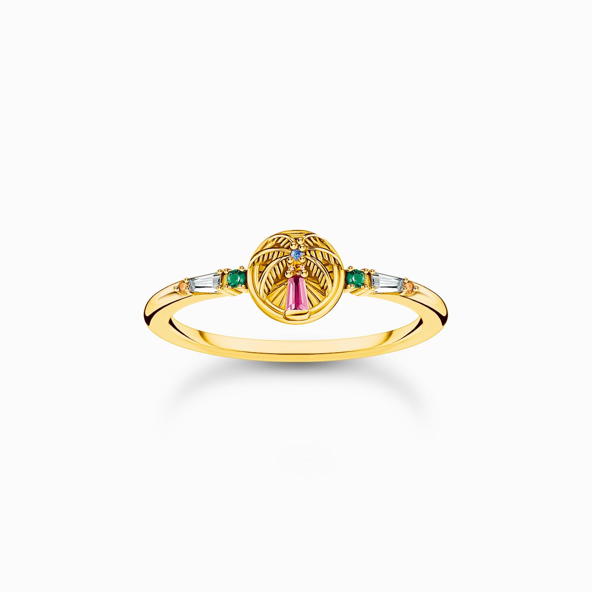 Gold-plated ring with palm tree and colourful stones