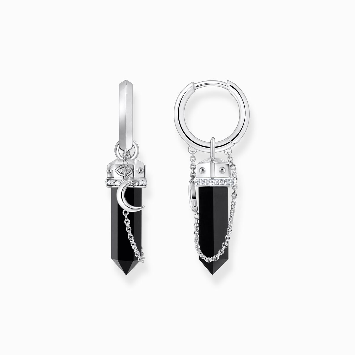 Silver hoop earrings with onyx in hexagon-shape and small chain
