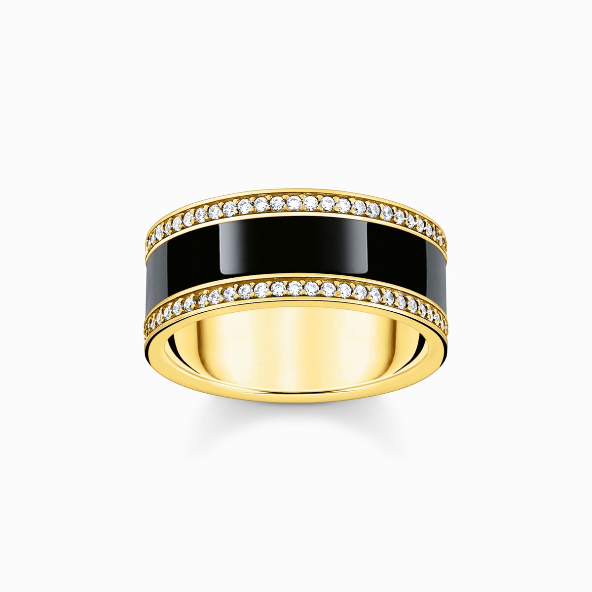 Yellow-gold plated band ring with black cold enamel and zirconia
