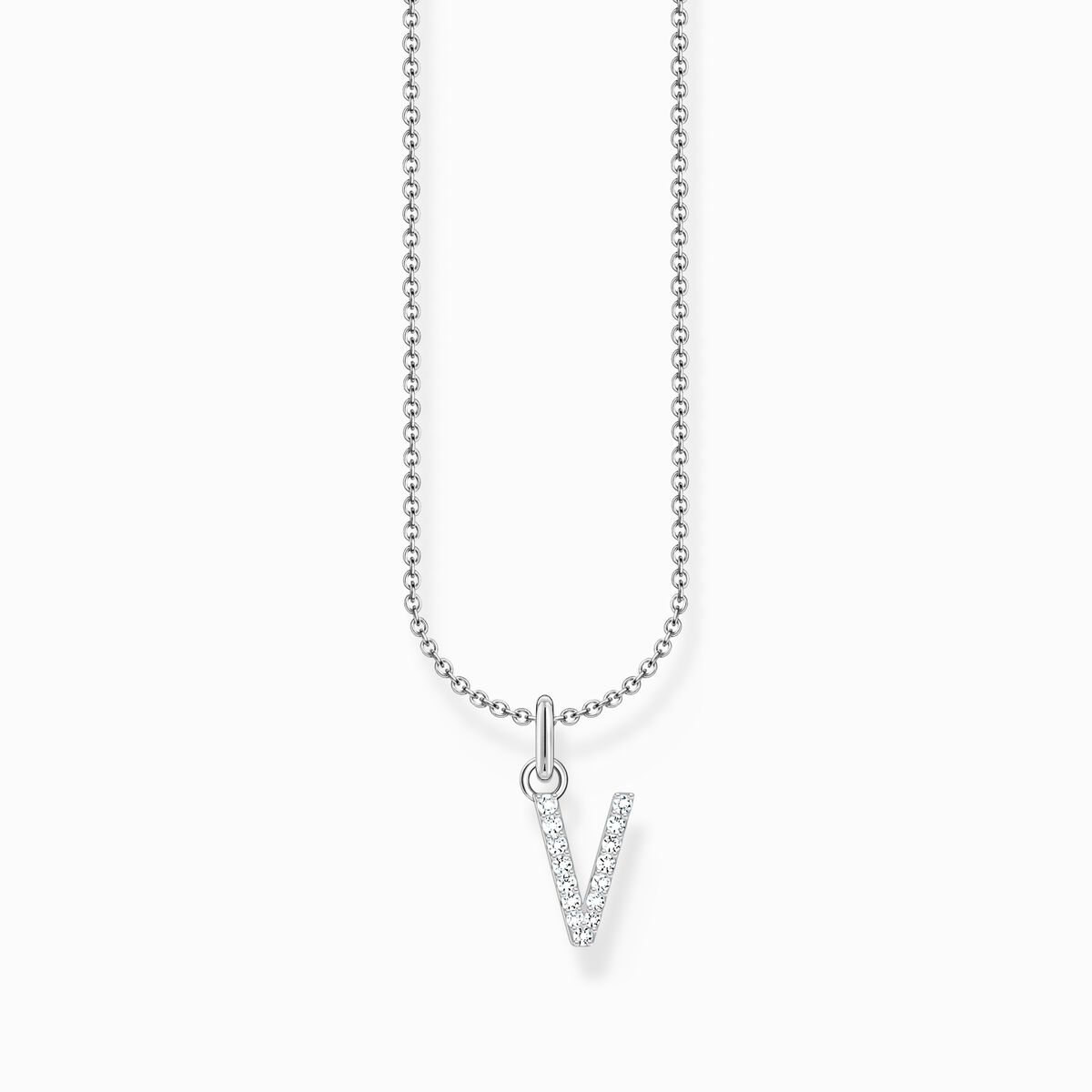 Silver necklace with letter pendant V and white zirconia