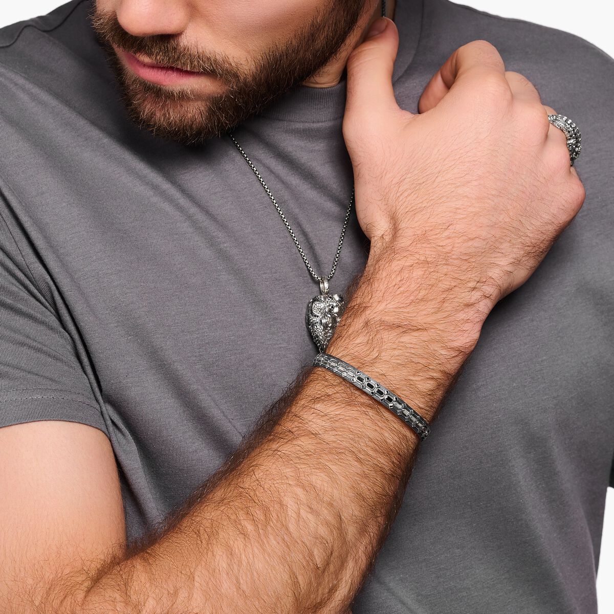 Blackened silver bangle crocodile shell with black stones
