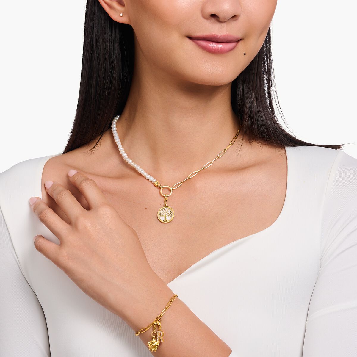 Gold-plated Tree-of-love charm pendant with white cold enamel