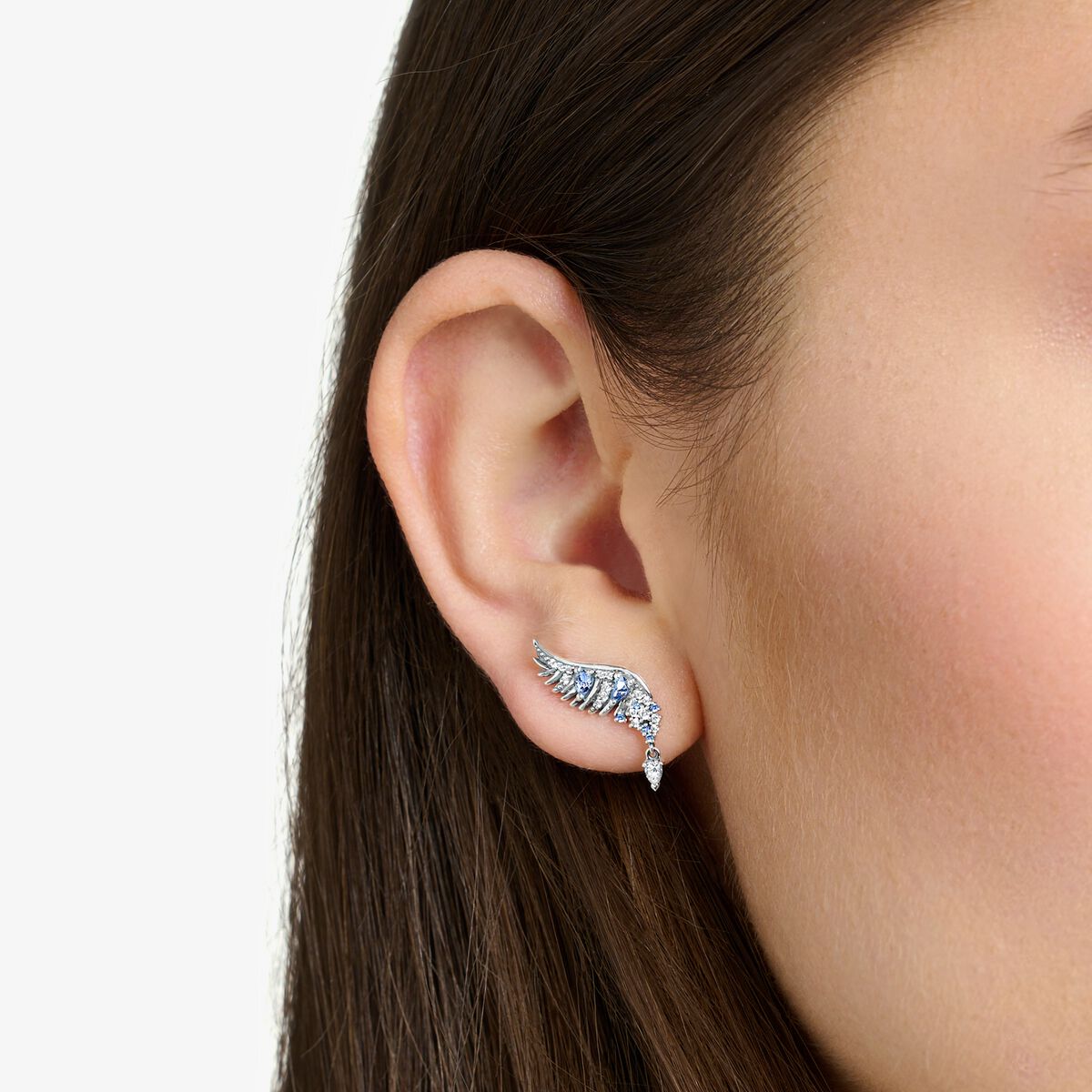 Ear studs phoenix wing with blue stones silver