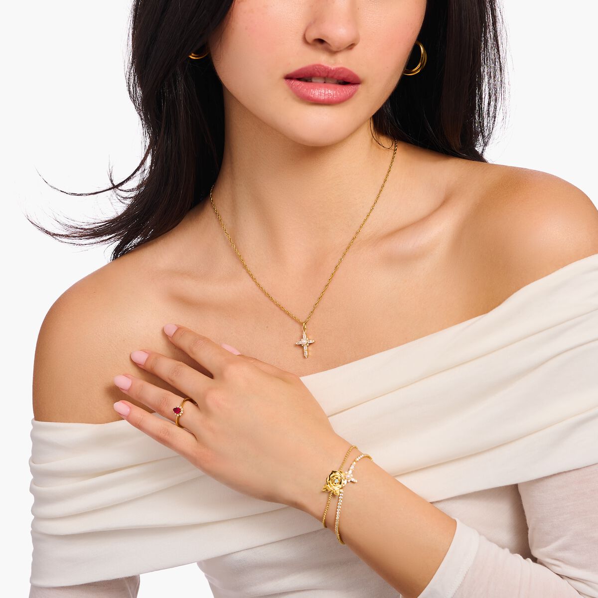 Gold-plated necklace with white cross pendant Cross Romance