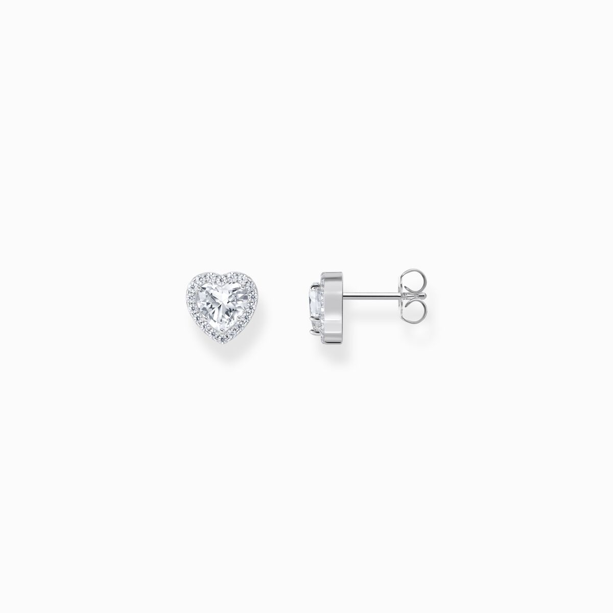 Silver heart-shaped halo ear studs with white zirconia