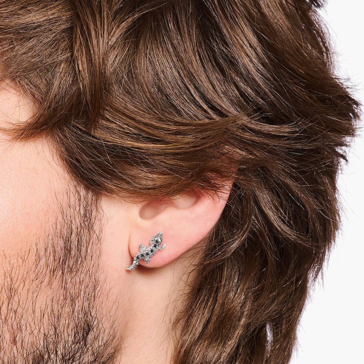 Blackened silver ear studs crocodile with black and green stones
