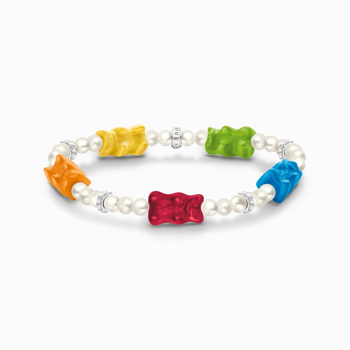 Silver pearl bracelet with 5 colourful goldbears