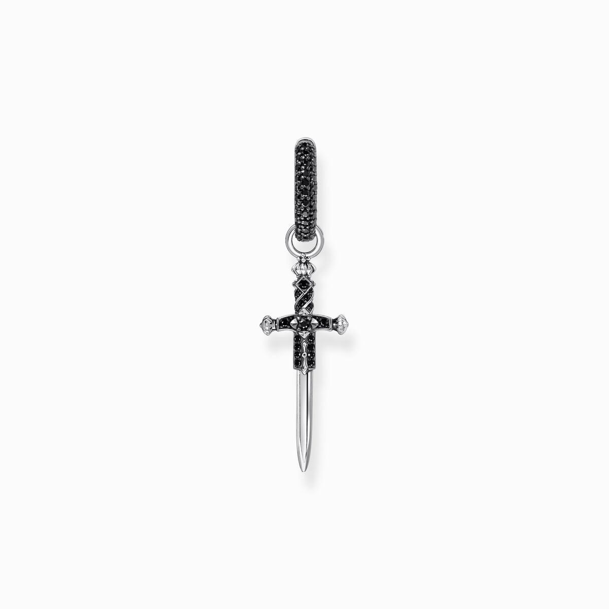 Silver blackened single hoop earring with sword & black stones