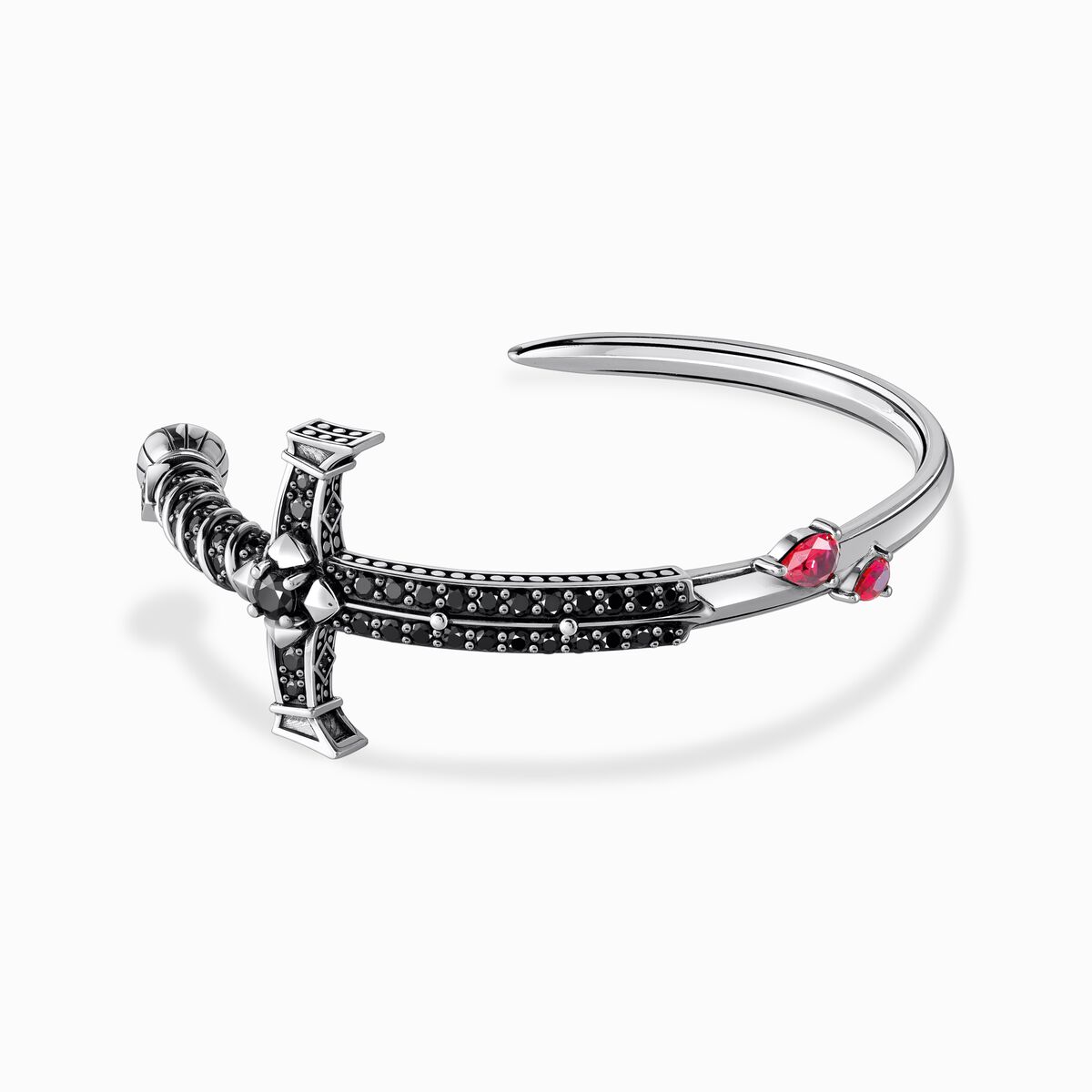 Silver blackened bangle with black and red stones