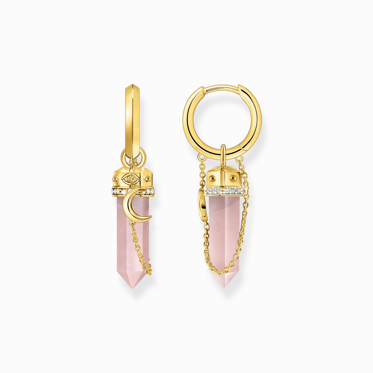 Gold-plated hexagonal hoop earring with rose quartz