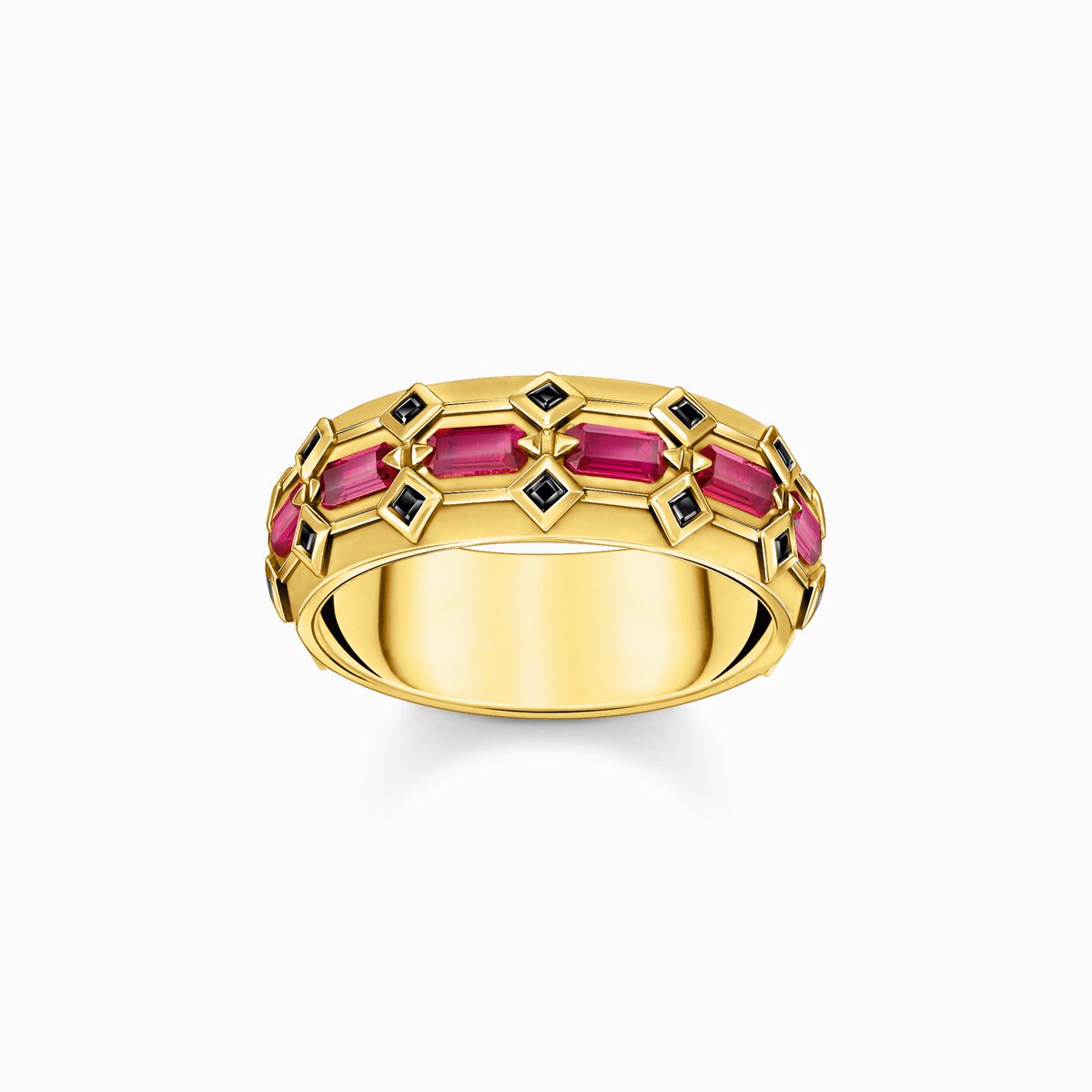 Wide gold plated ring in crocodile design with red stones