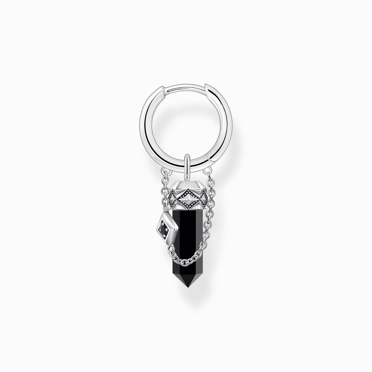 Silver blackened single hoop earring with onyx pendant