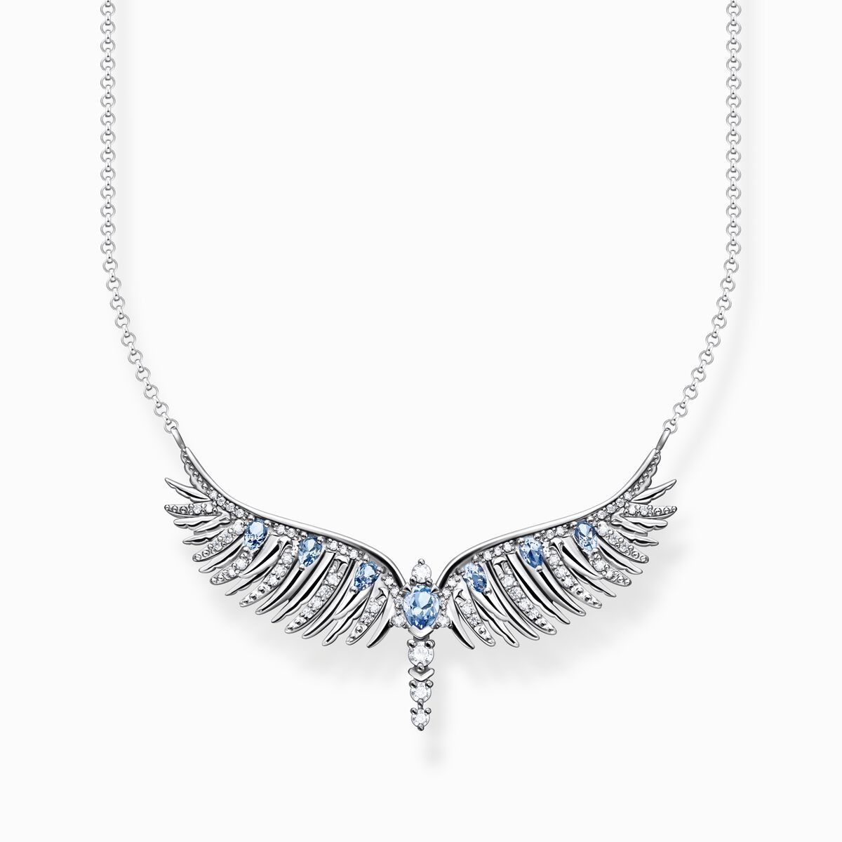Necklace phoenix wing with blue stones silver
