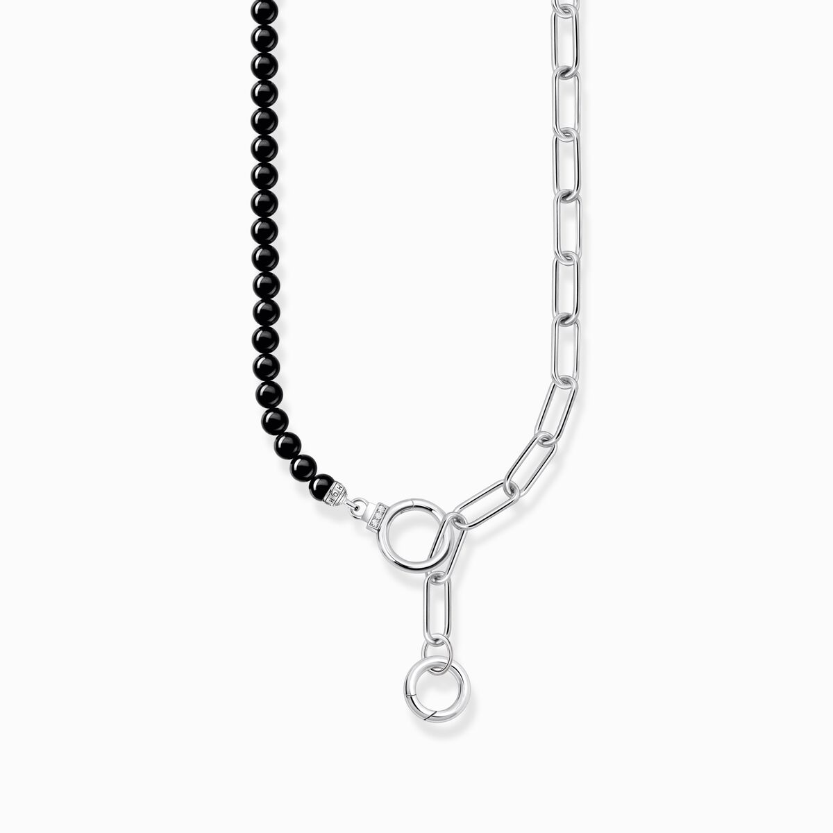 Silver necklace with onxy beads, white zirconia and ring clasps