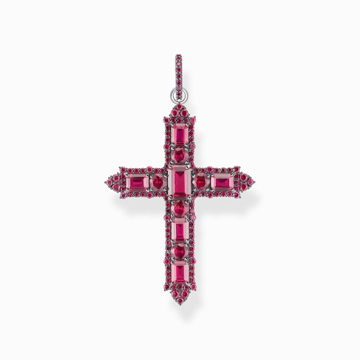 Silver blackened cross pendant with ruby red stones