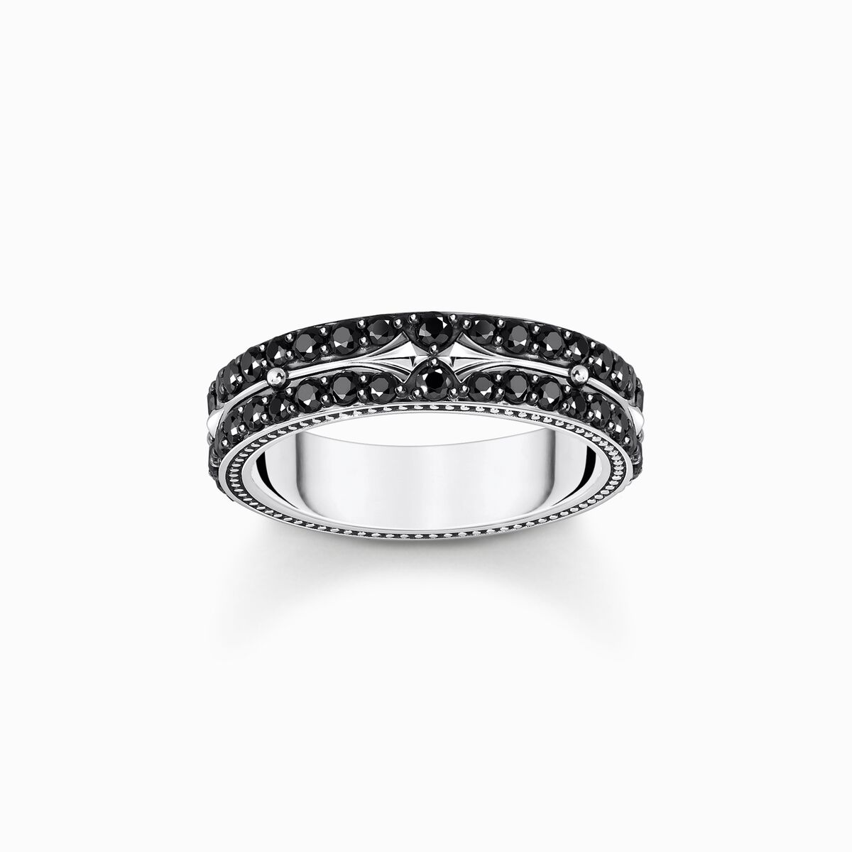 Silver blackened band ring with black zirconia