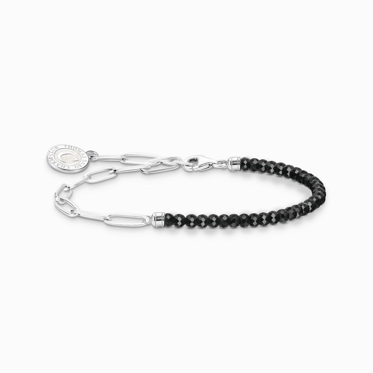 Charm bracelet with black onyx beads and disc silver