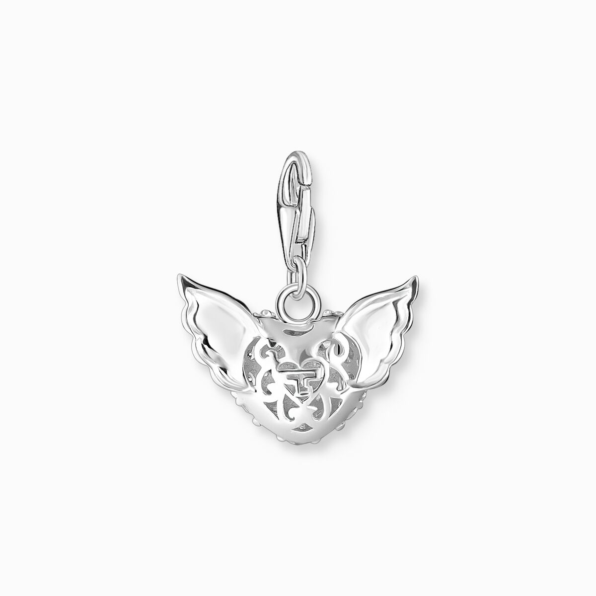 Charm pendant winged heart white stones silver