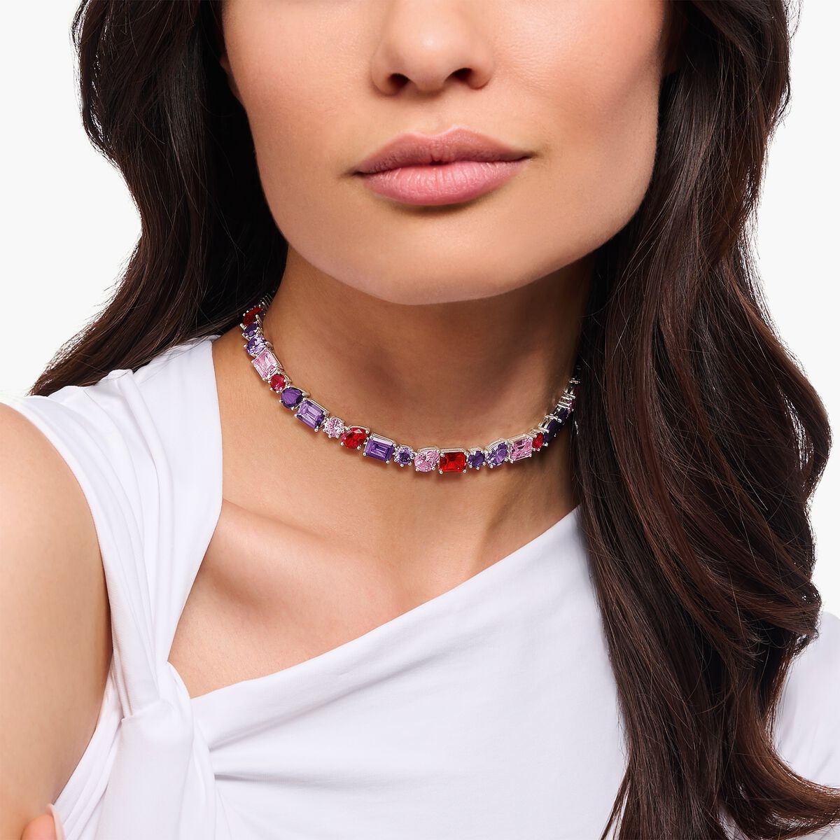 Silver choker with 43 zirconia stones in red, violet and pink