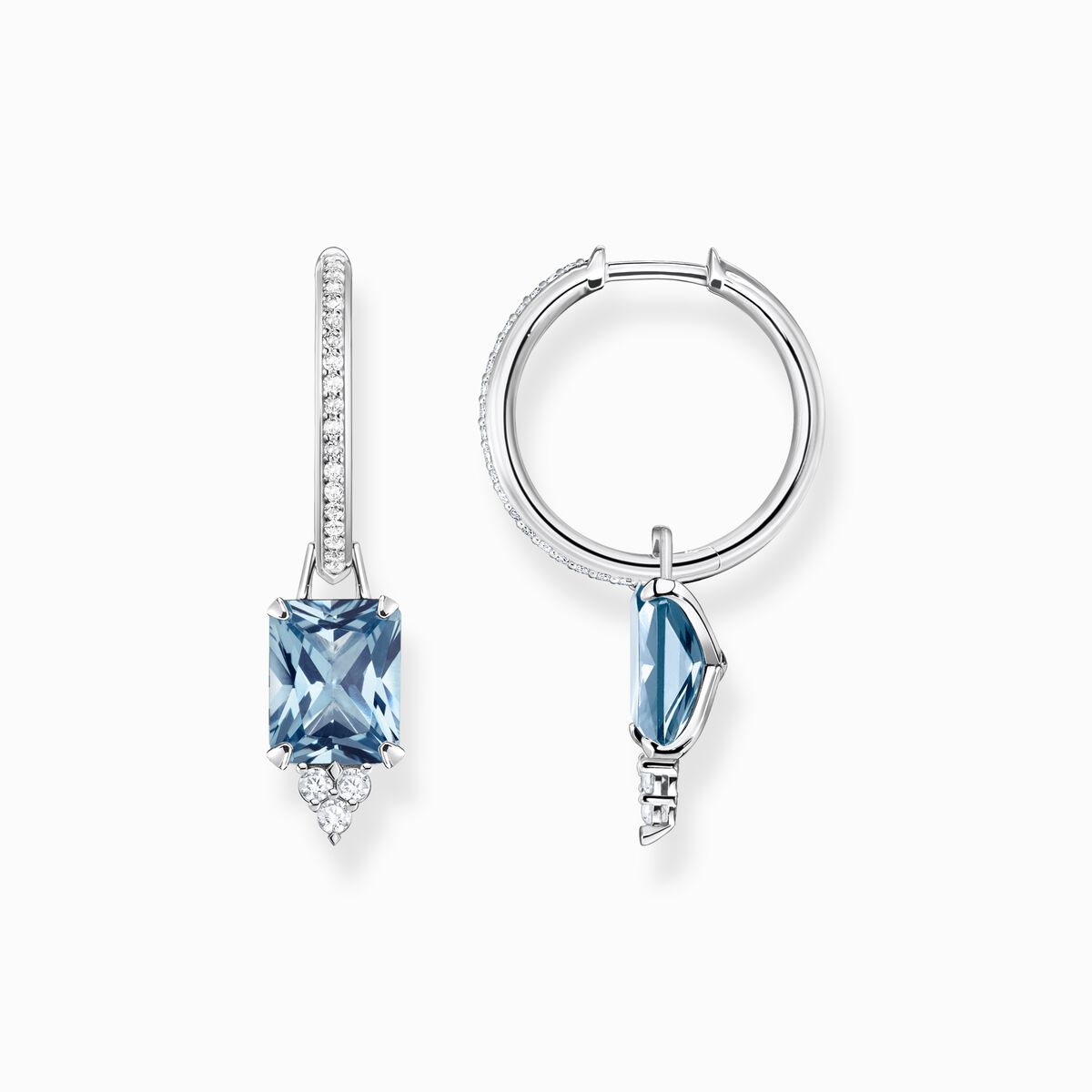 Hoop earrings with aquamarine-coloured and white stones silver