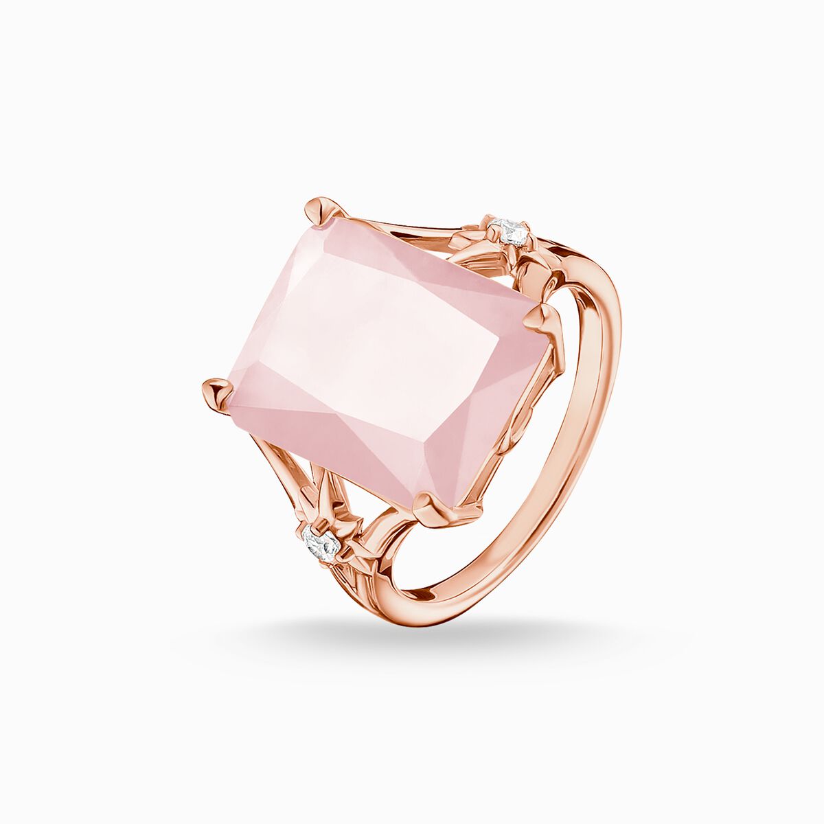 Ring with large pink stone and stars rose gold plated