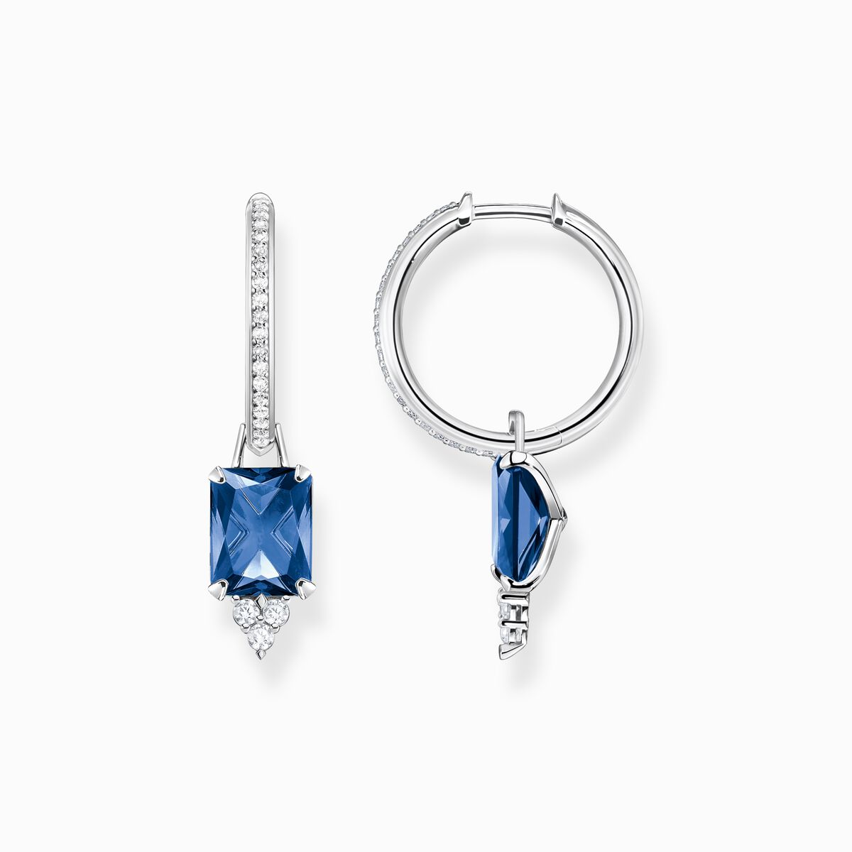 Hoop earrings with blue and white stones silver