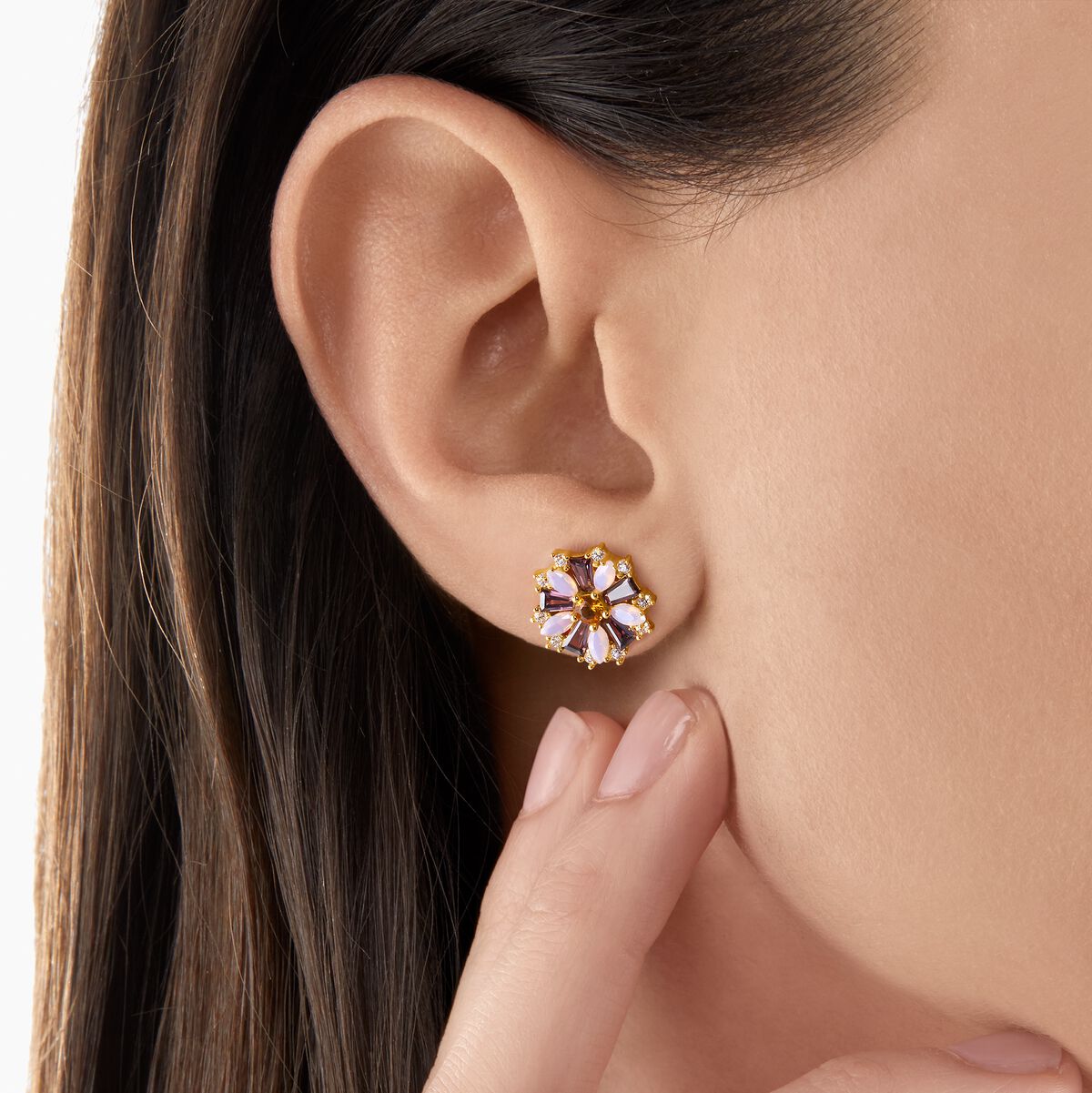 Ear studs flower colourful stones gold