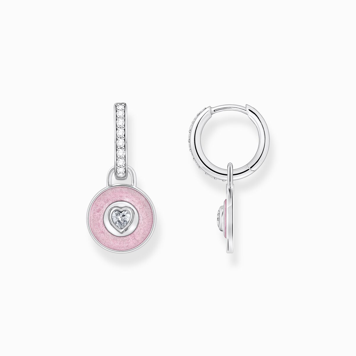 Silver hoop earrings with pinkish cold enamel and stones
