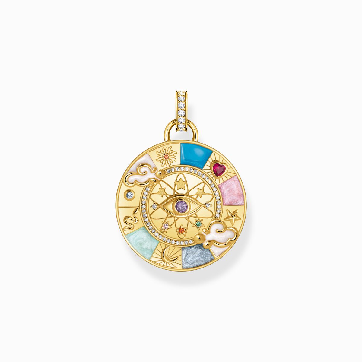 Gold-plated pendant wheel of fortune with cold enamel and stones