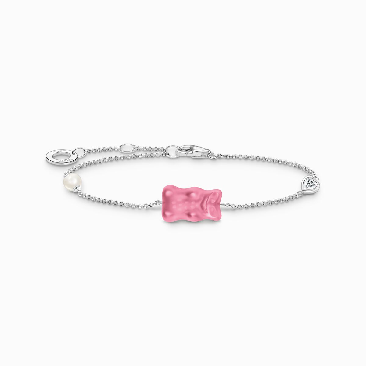 Silver bracelet with pink goldbears, freshwater pearl & zirconia