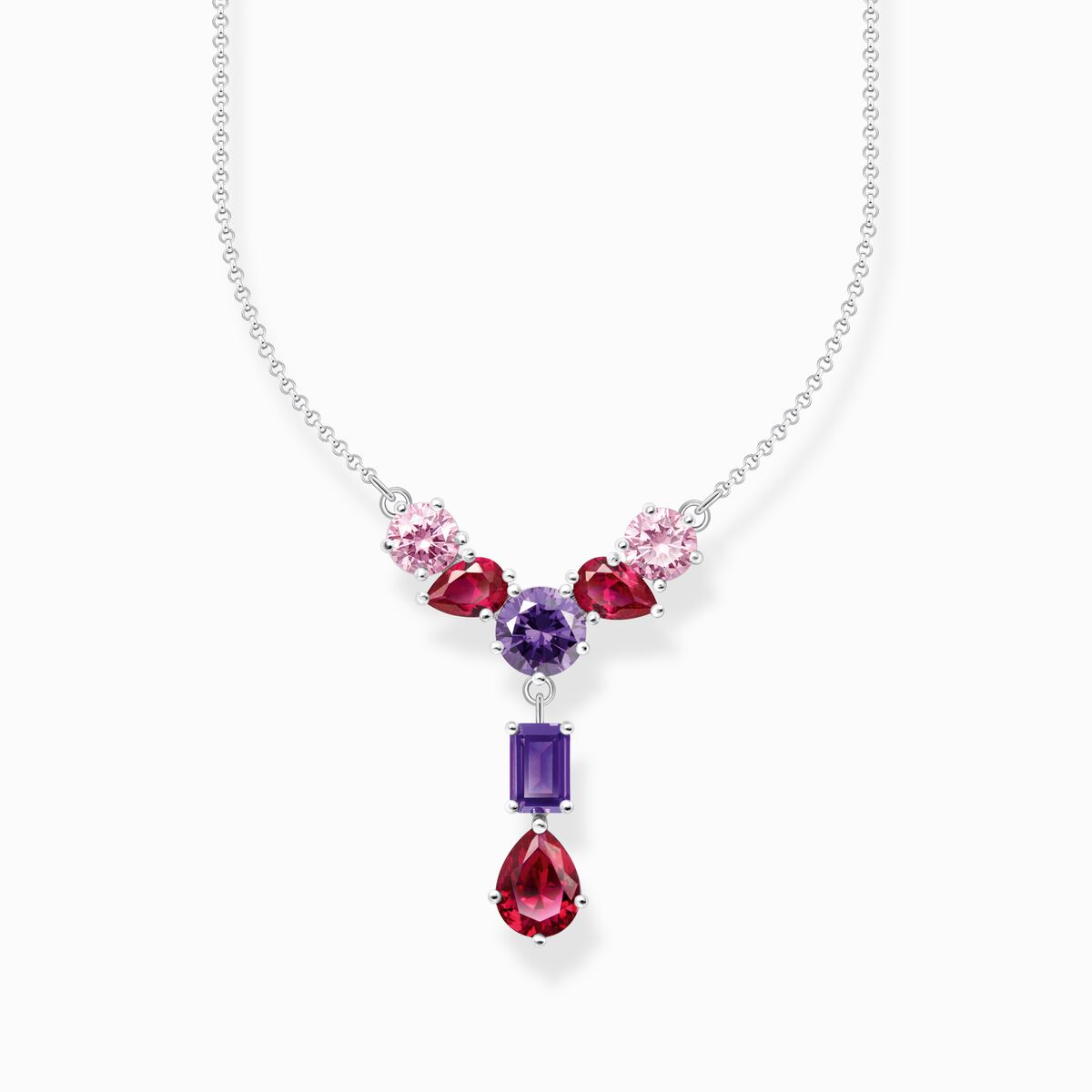 Silver necklace in Y-shape with pink, red and violet zirconia
