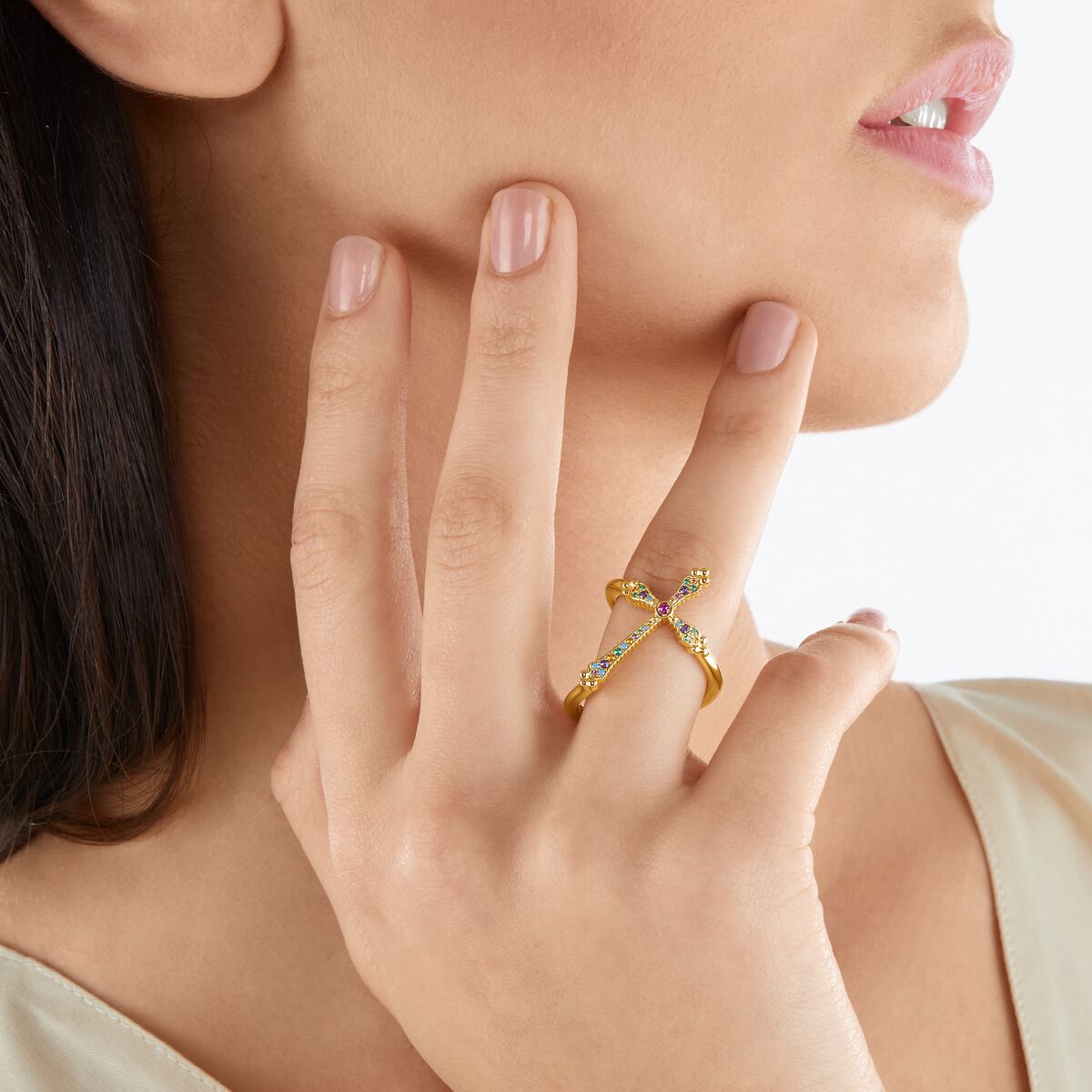 Ring royalty cross gold colourful stones