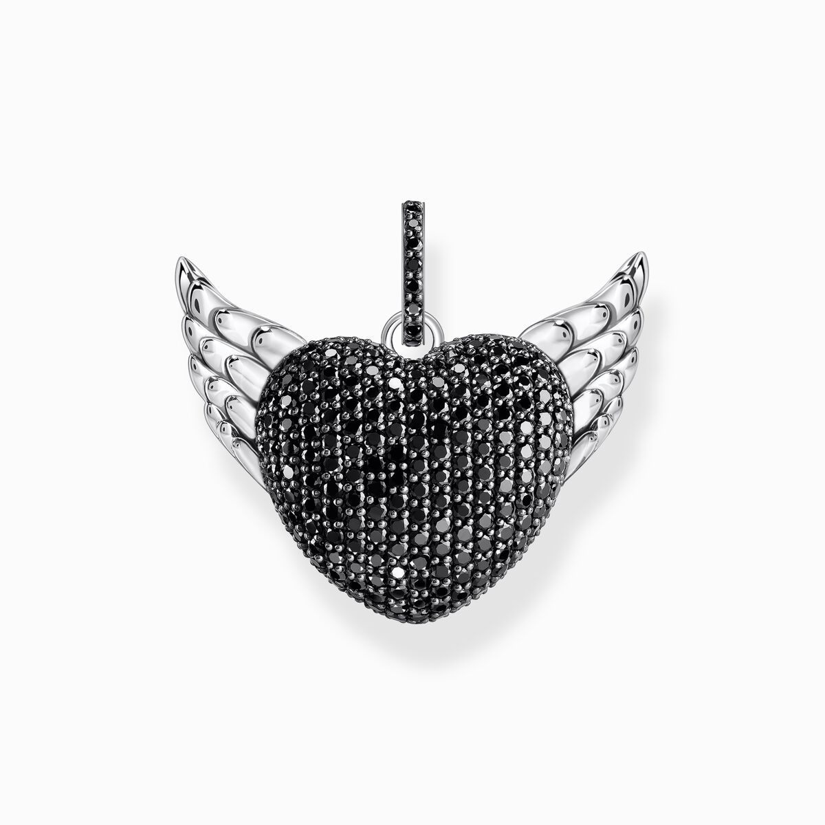 Silver blackened heart pendant with wings and black zirconia